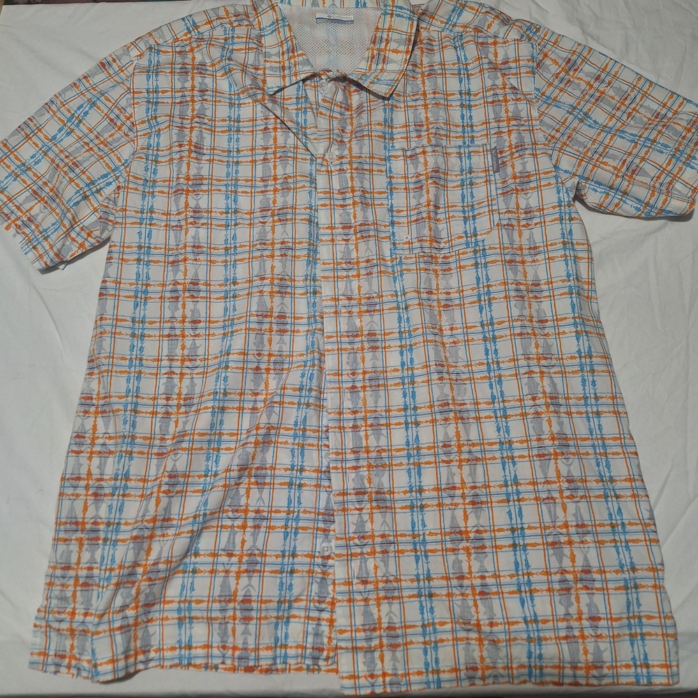 Columbia PFG Mens Large Short Sleeve Fish Plaid Fishing Shirt Orange Blue White